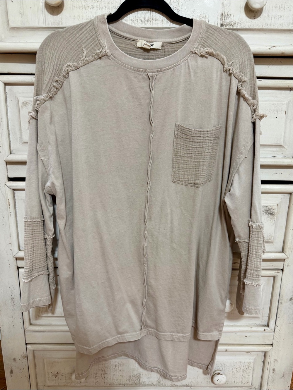 Blue Velvet Beige Crewneck Layered Hem Top